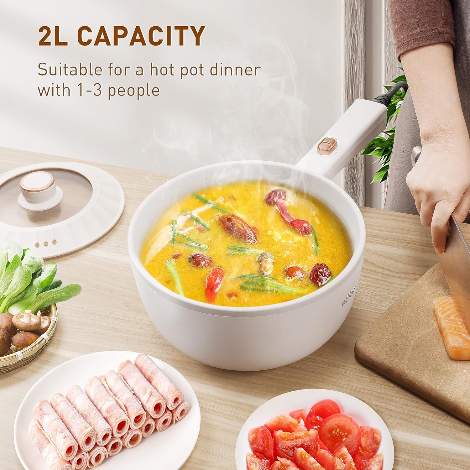 Hot Pot Electric, 2L Multifunctional Portable Pot for Cooking, 1000W Rapid Noodles Electric Pot, Non-Stick Frying Pans for Steak, Egg, Ramen, Oatmeal with Dual Power Adjustment